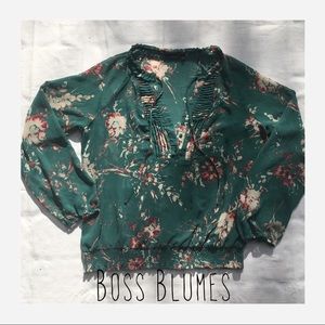 Sheer, floral blouse, gathered at waist